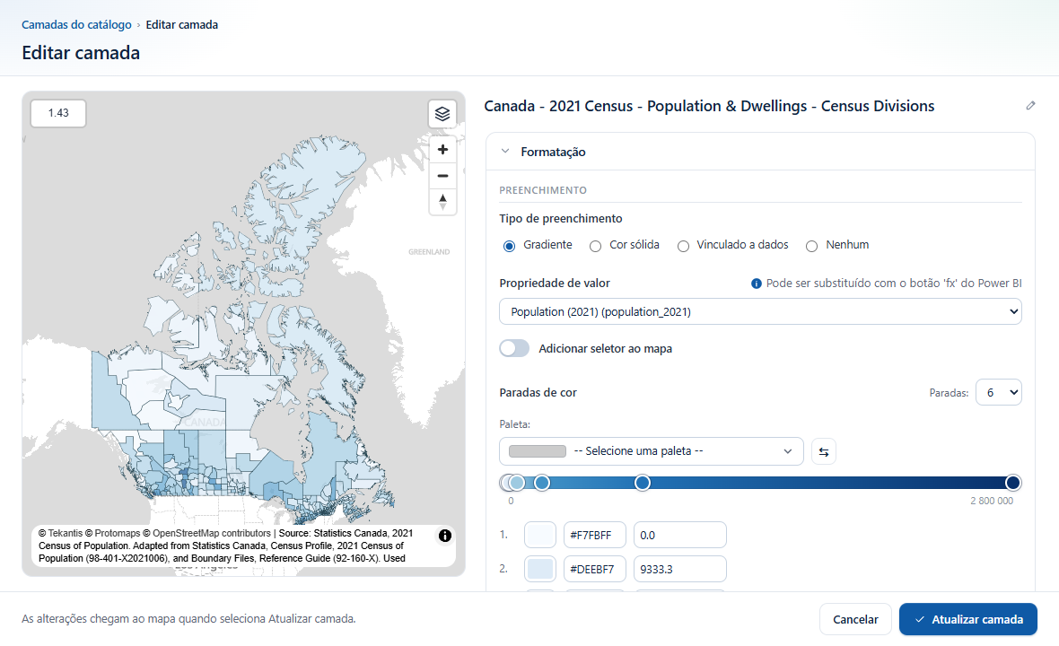 A tela Editar camada: a camada visualizada à esquerda, as configurações dela à direita, e Cancelar e Atualizar camada no rodapé
