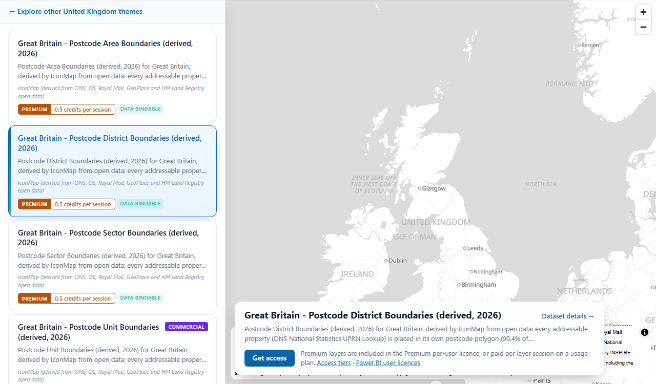 Des jeux de données sur une page Explorer avec leurs badges de niveau et leurs prix : trois jeux de données Premium à 0,5 crédit par session et un jeu de données Commercial ; le jeu de données Premium sélectionné affiche Obtenir l'accès
