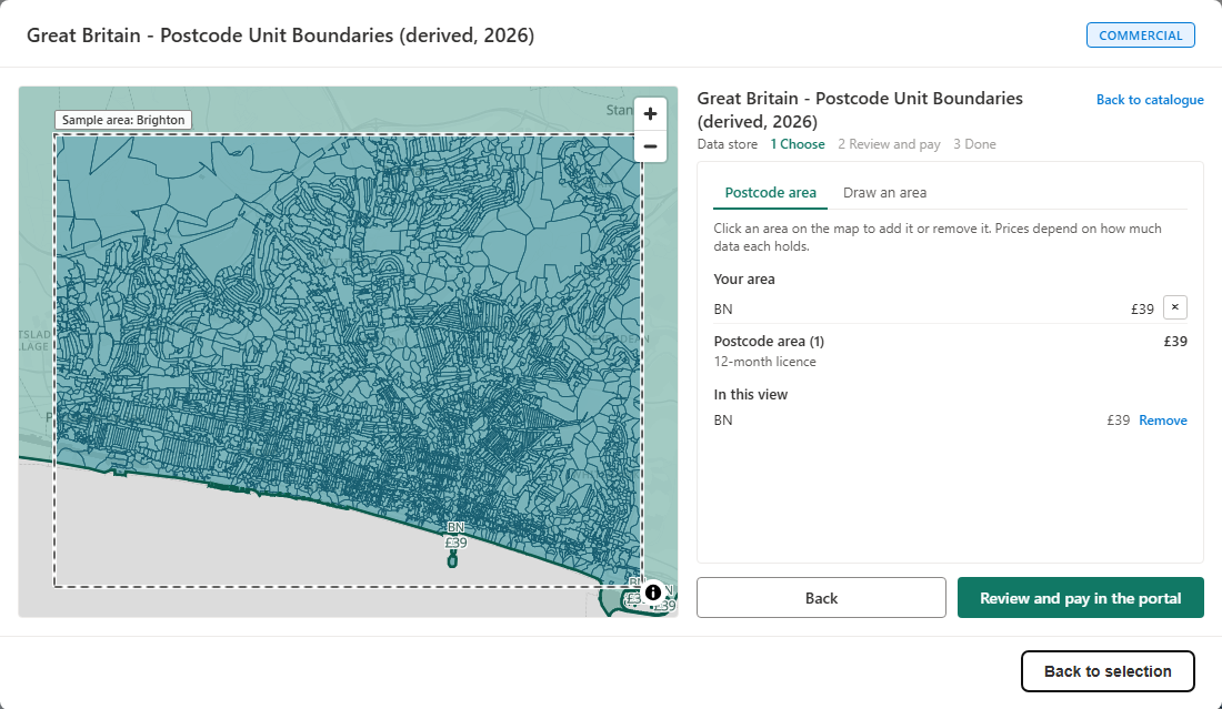 Choosing an area in the data store: the BN postcode area is added under Your area for £39 with a 12-month license, and the Review and pay in the portal button