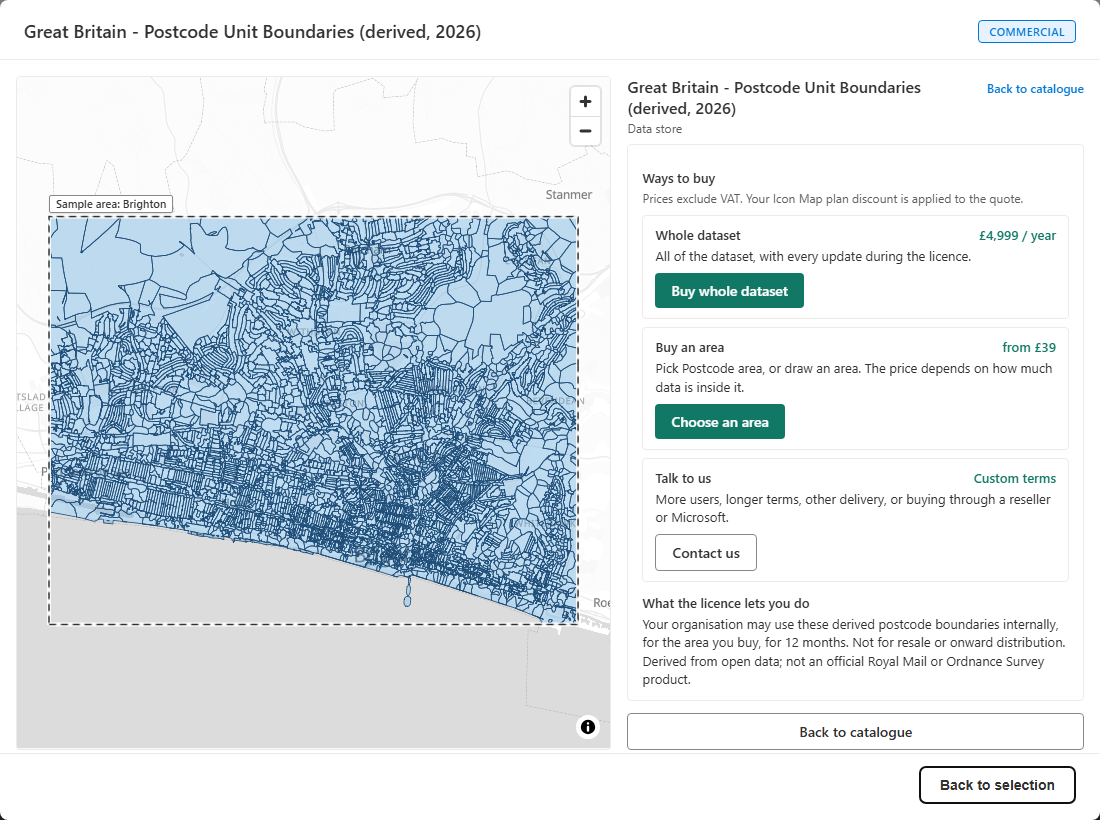 The data store with Ways to buy: Whole dataset with its yearly price and Buy whole dataset, Buy an area with Choose an area, Talk to us with Contact us, and What the license lets you do