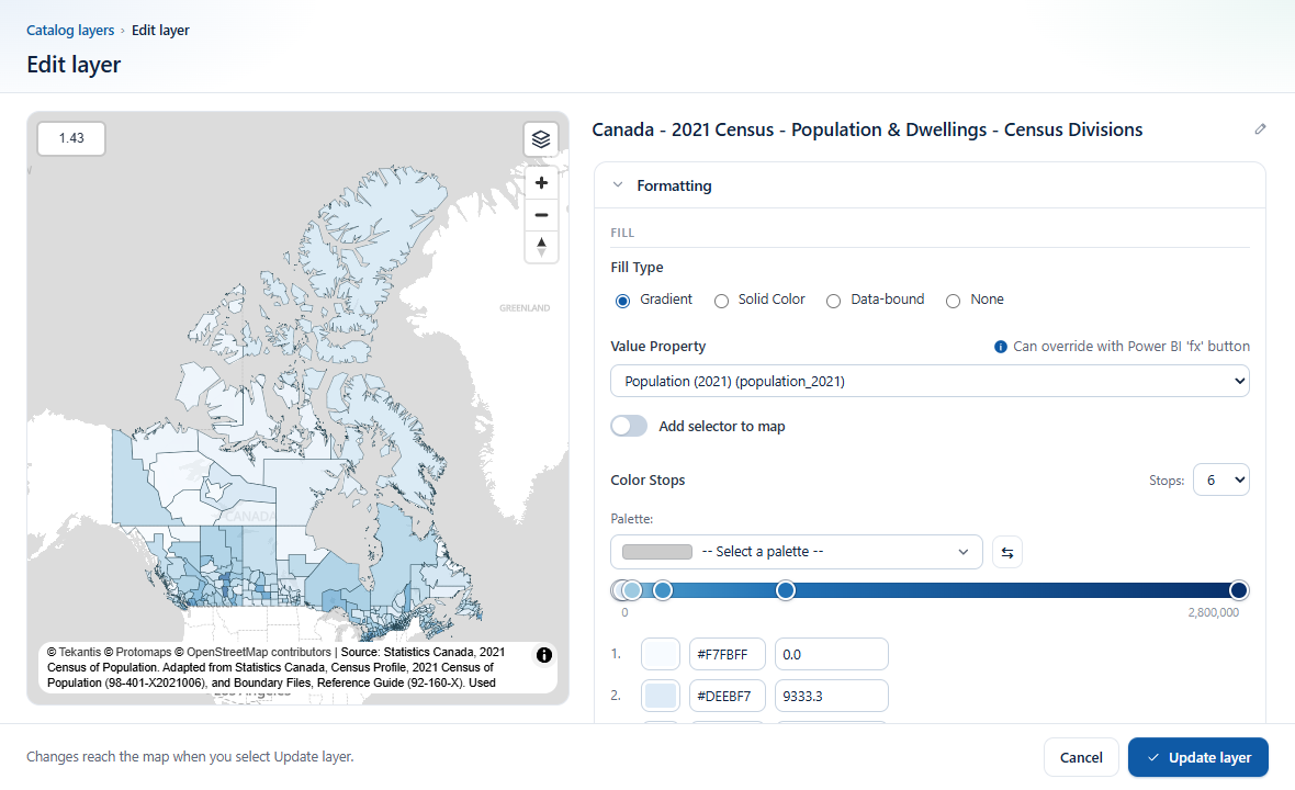 The Edit layer screen: the layer previewed on the left, its settings on the right, Cancel and Update layer in the footer