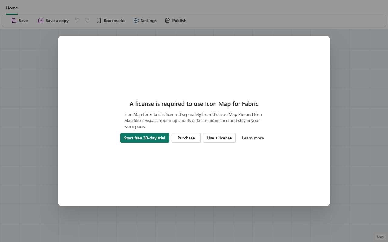 The "A license is required to use Icon Map for Fabric" message over a dimmed map, with Start free 30-day trial, Purchase, Use a license and Learn more