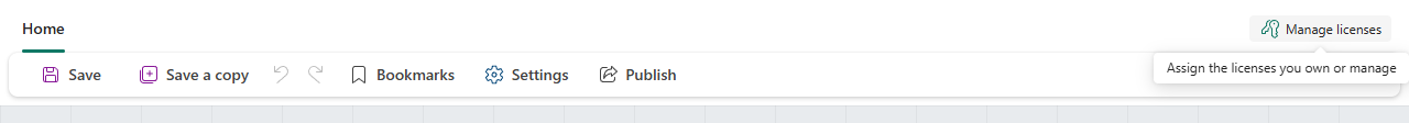 The Icon Map ribbon in edit mode with the Manage licenses button on the right and its tooltip, Assign the licenses you own or manage