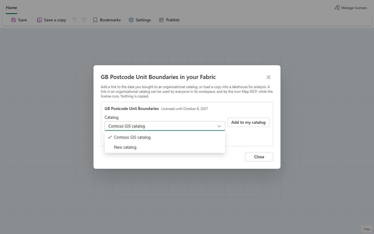 The "GB Postcode Unit Boundaries in your Fabric" dialog with the Catalog dropdown open, listing an existing Organizational Catalog and New catalog, beside Add to my catalog