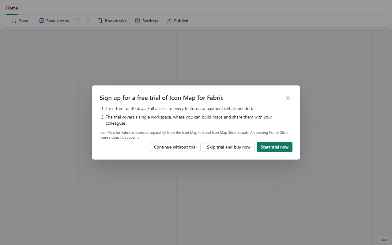 The Sign up for a free trial of Icon Map for Fabric dialog, with Continue without trial, Skip trial and buy now and Start trial now