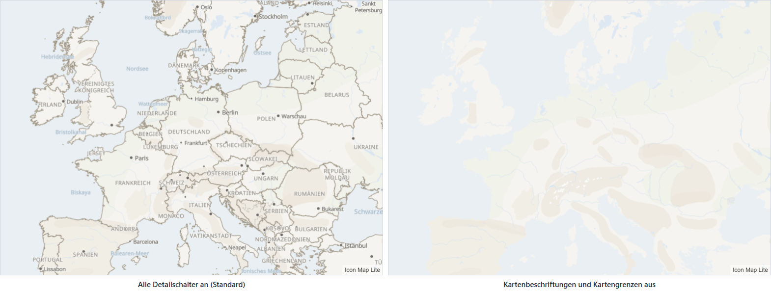 Das Design Hell über Europa mit eingeschalteten Ländernamen und Grenzen und dieselbe Ansicht nur mit Land und Meer