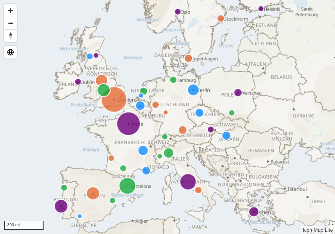 Kreise unterschiedlicher Größe und Farbe an Städten in ganz Europa