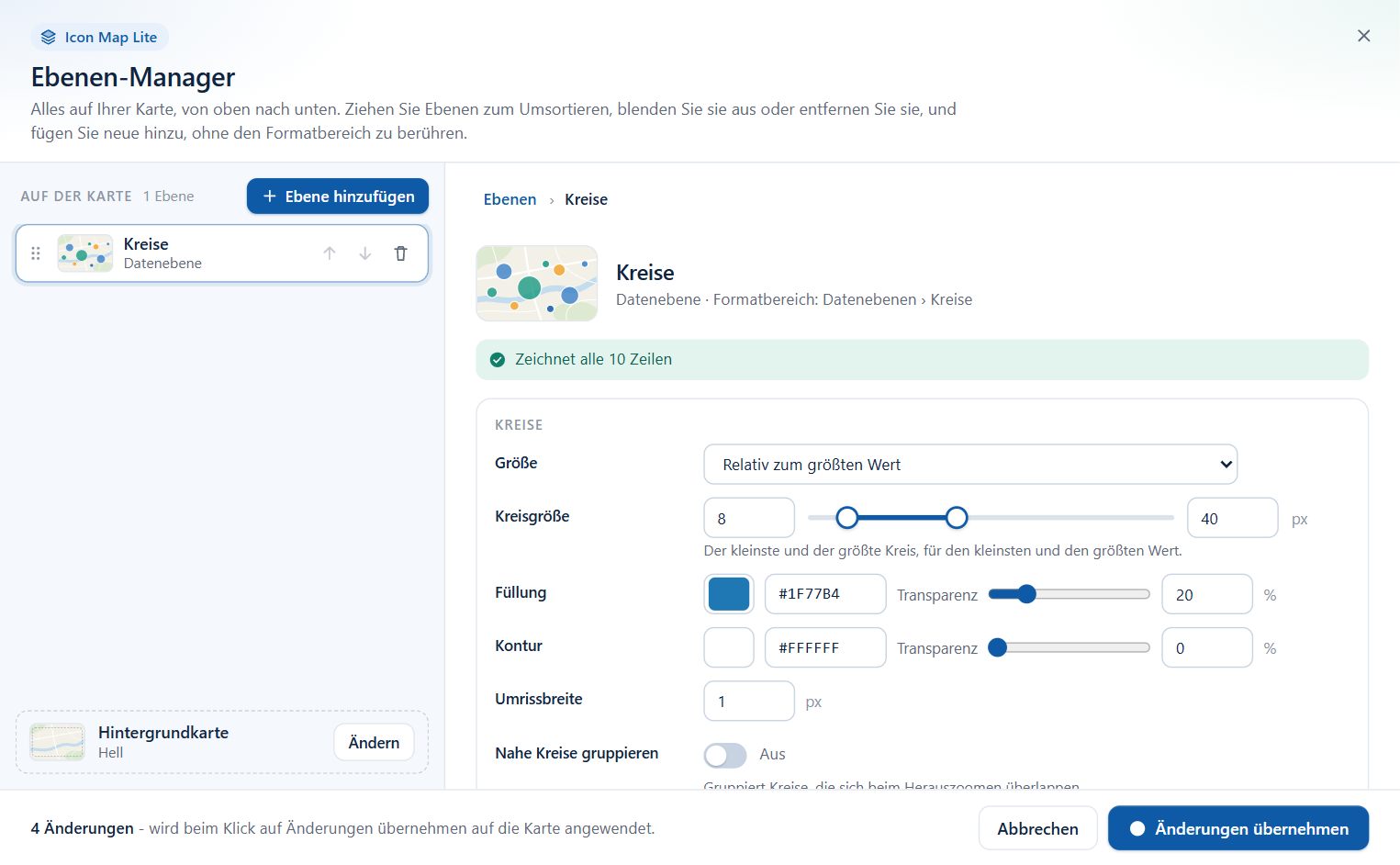 Der Ebenen-Manager von Icon Map Lite mit geöffnetem Editor für Kreise, der die Einstellungen für Größe und Kontur zeigt