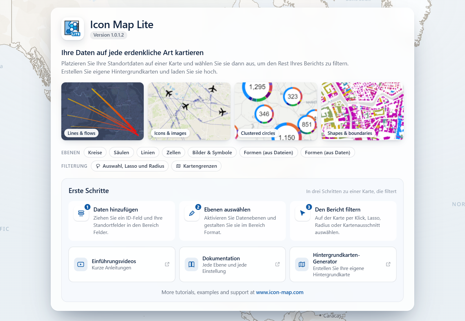 Die Startseite von Icon Map Lite in einem leeren Visual