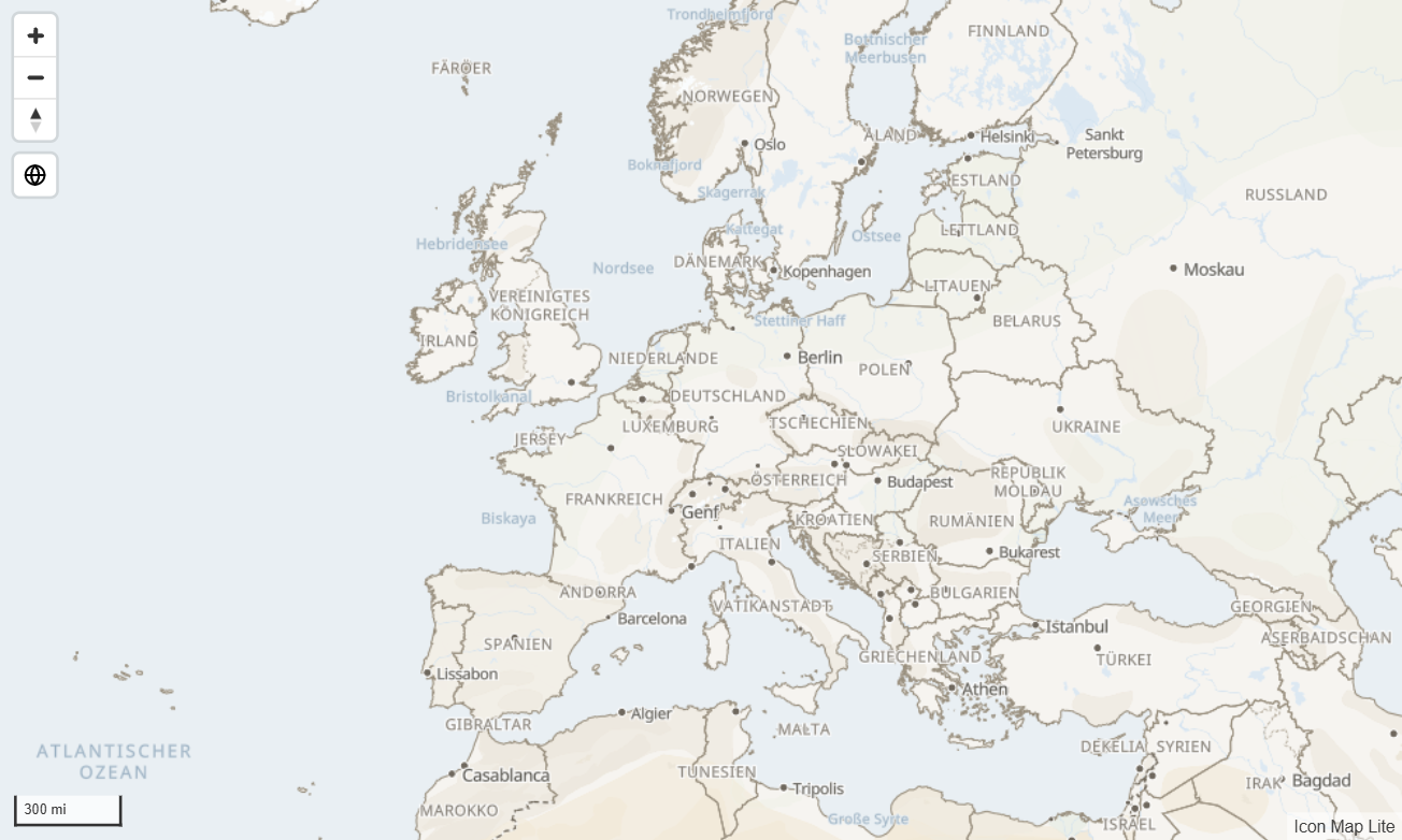 Das integrierte Design Hell über Europa bei Zoomstufe 3, seiner detailliertesten Stufe, mit Ländergrenzen und beschrifteten Ländern, einigen Städten und Meeren