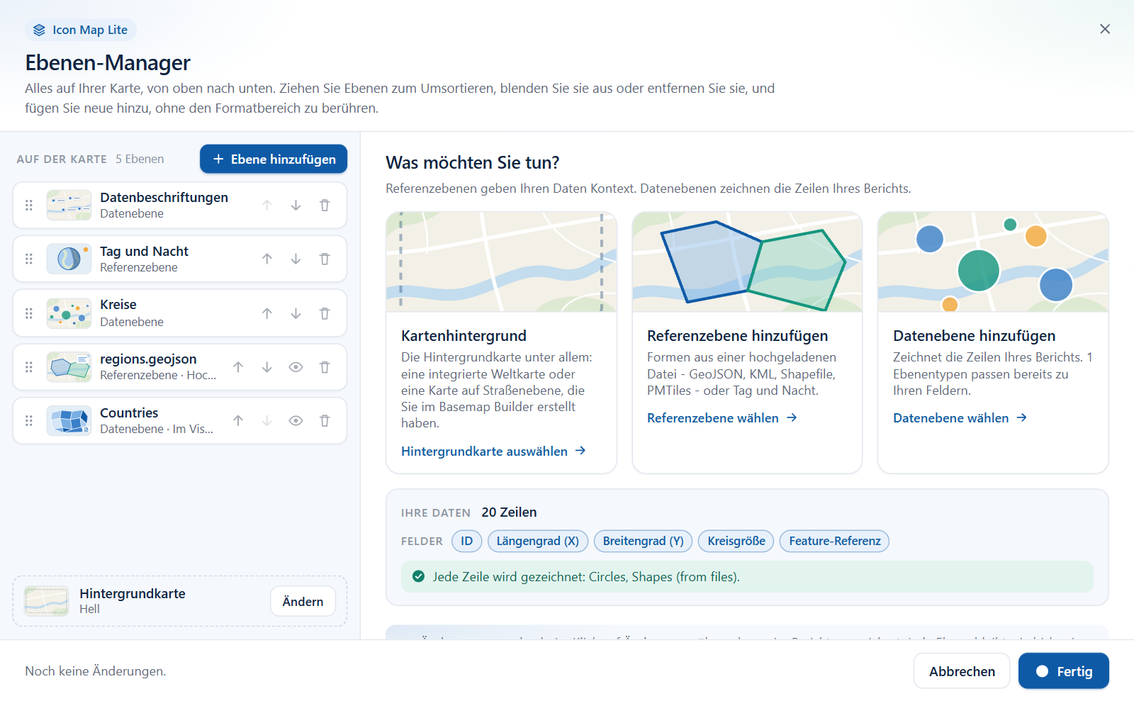 Der Ebenen-Manager von Icon Map Lite mit der Ebenenliste links und der Startansicht rechts
