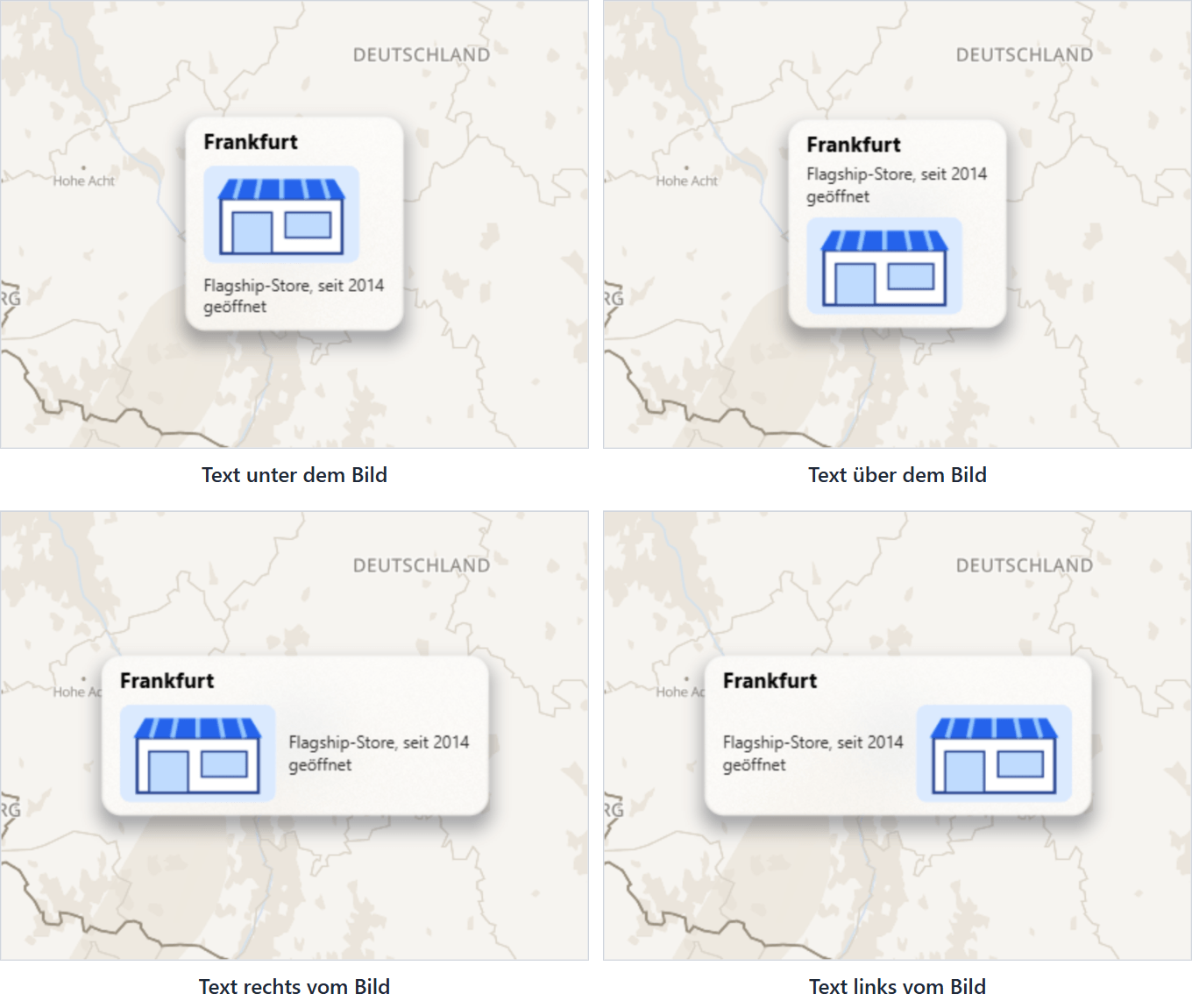 Vier Kartenbeschriftungen mit dem Textkörper unter, über, rechts von und links von einem Bild