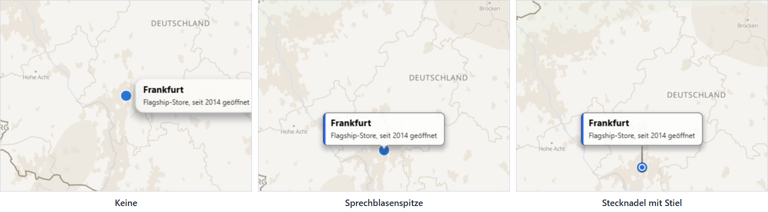 Drei Kartenbeschriftungen: eine auf ihrem Standort, eine mit Sprechblasenspitze und eine auf einer Stecknadel mit Stiel angehoben