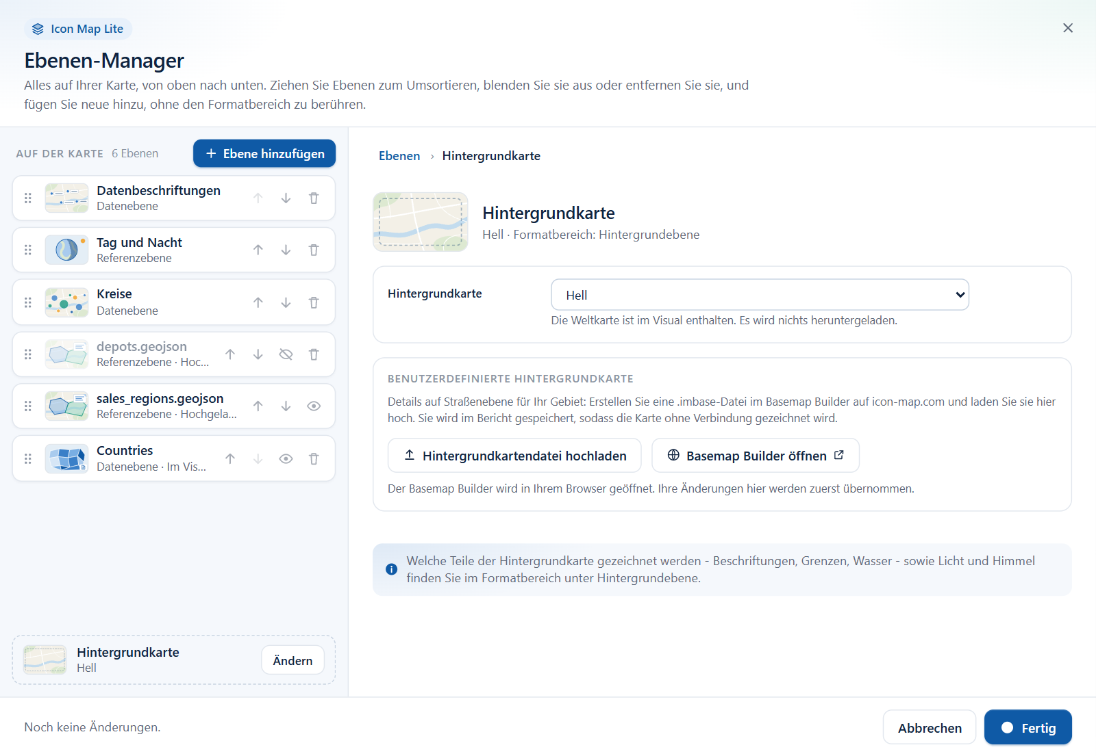 Die Seite Hintergrundkarte des Ebenen-Managers mit dem Dropdown für das Design, dem Abschnitt für die benutzerdefinierte Hintergrundkarte und seinen zwei Schaltflächen