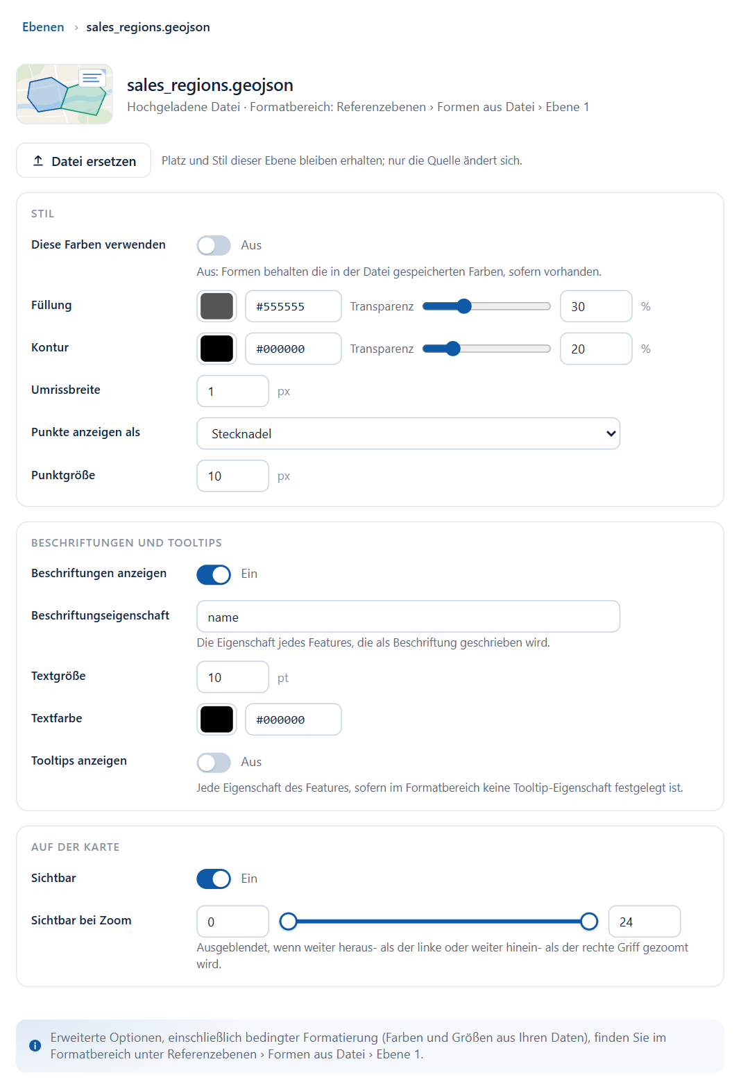 Der Editor für eine Ebene Formen aus Datei, mit der Schaltfläche Datei ersetzen über den Abschnitten Stil, Beschriftungen und Tooltips sowie Auf der Karte