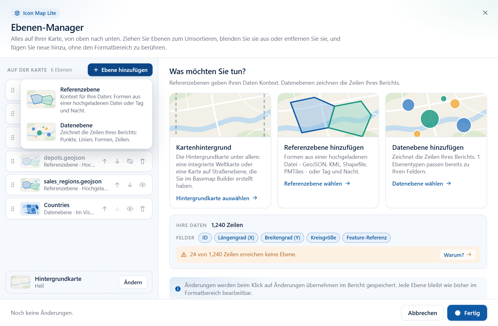 Das geöffnete Menü Ebene hinzufügen mit Referenzebene und Datenebene