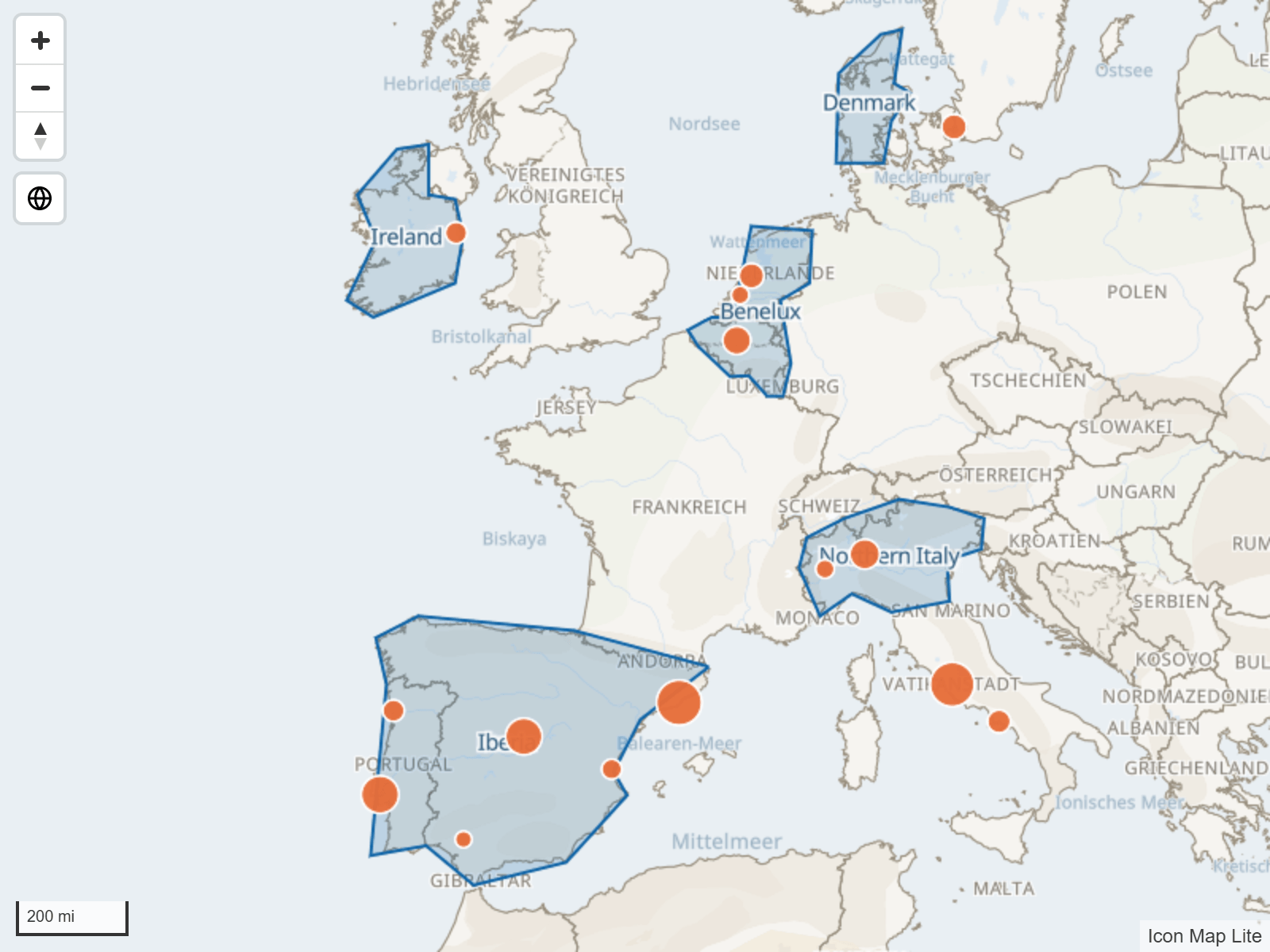 Vertriebsgebiete aus einer hochgeladenen GeoJSON-Datei, als umrandete Polygone mit Beschriftungen gezeichnet, unter Kreisen aus den Daten des Berichts