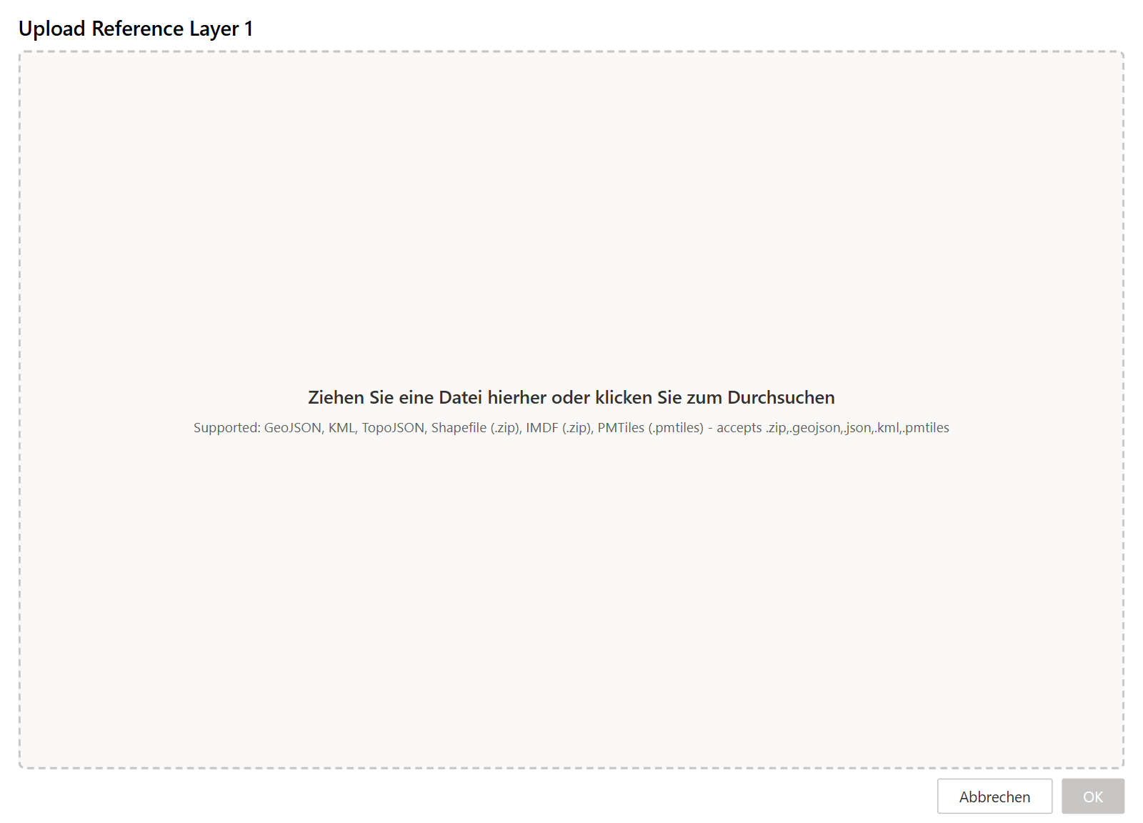 Das Fenster zum Hochladen für eine Referenzebene mit seiner Ablagefläche und der Liste der unterstützten Dateitypen