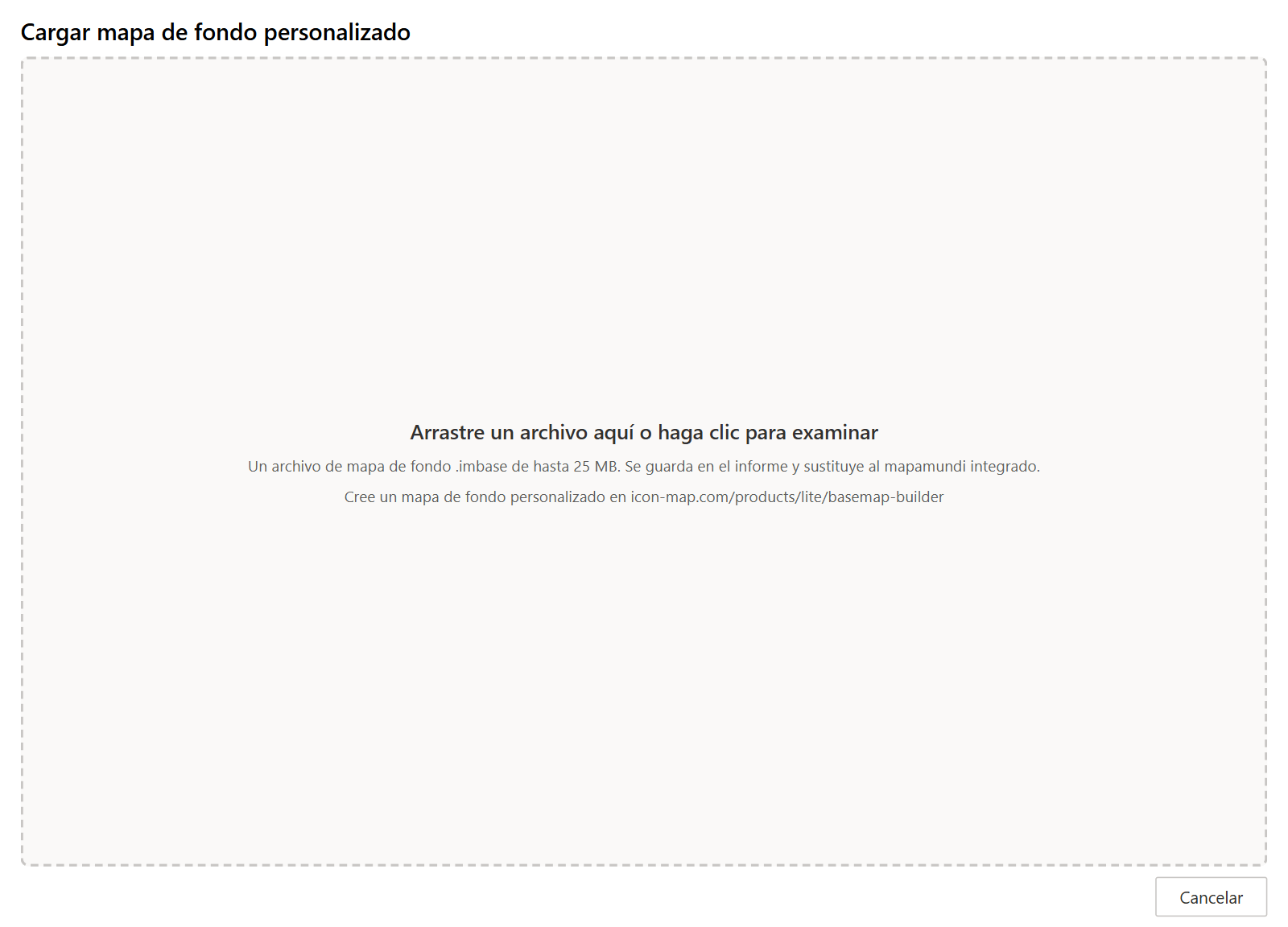 La ventana Cargar mapa de fondo personalizado, con su zona para soltar archivos y la línea sobre los archivos .imbase de hasta 25 MB