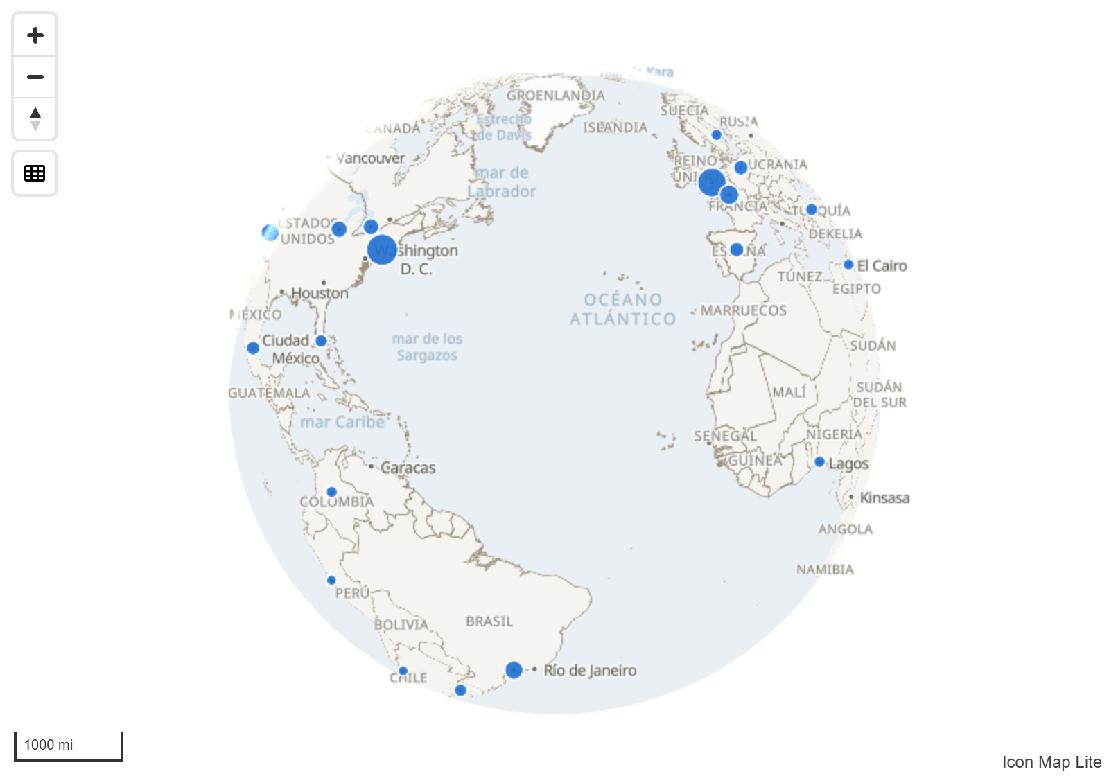 Un mapa en la proyección de globo con puntos de datos en varios continentes
