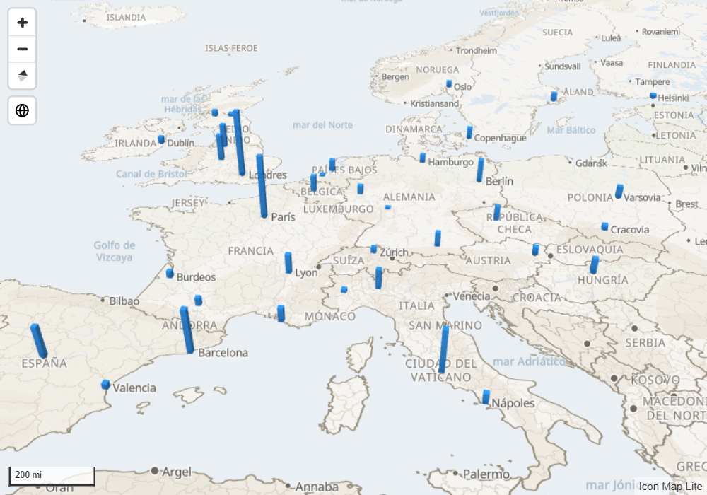Columnas de distintas alturas que se elevan desde un mapa inclinado de Europa