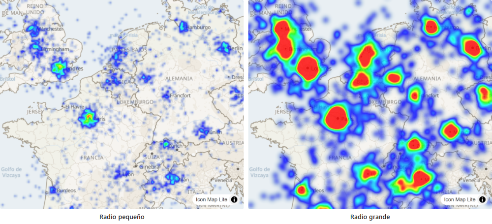El mismo mapa de calor con un radio pequeño y con un radio grande