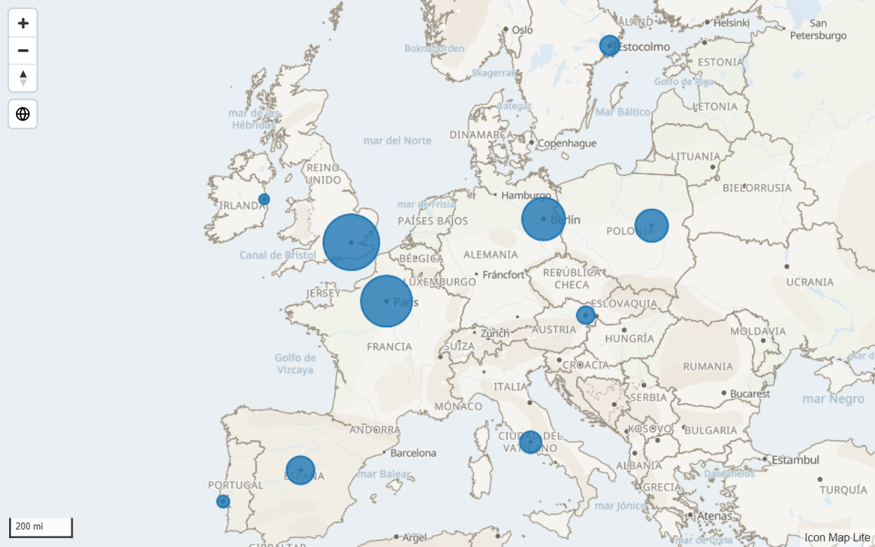 Diez círculos de distintos tamaños sobre Europa en el mapa de fondo predeterminado Claro