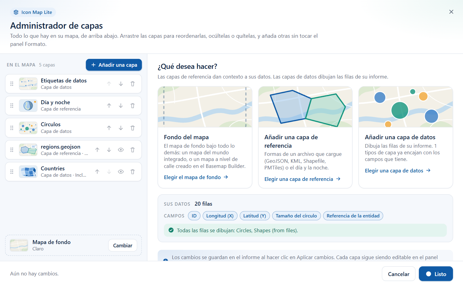 El Administrador de capas de Icon Map Lite con la lista de las capas de un mapa, y la vista de inicio que ofrece añadir una capa de referencia o una capa de datos