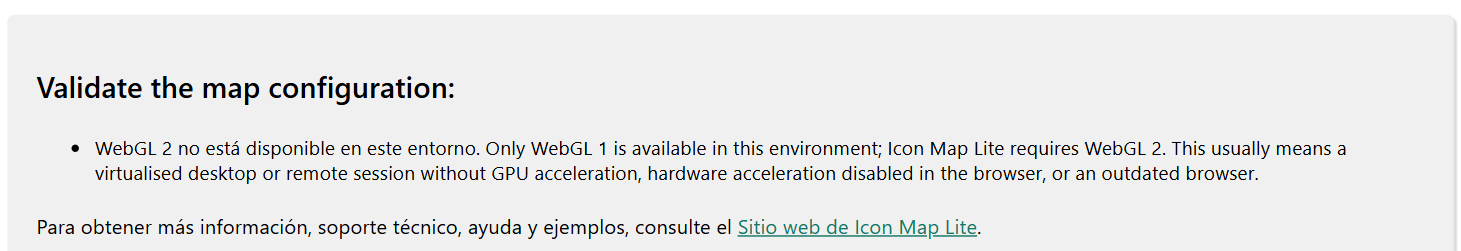 El mensaje que muestra el objeto visual cuando WebGL 2 no está disponible