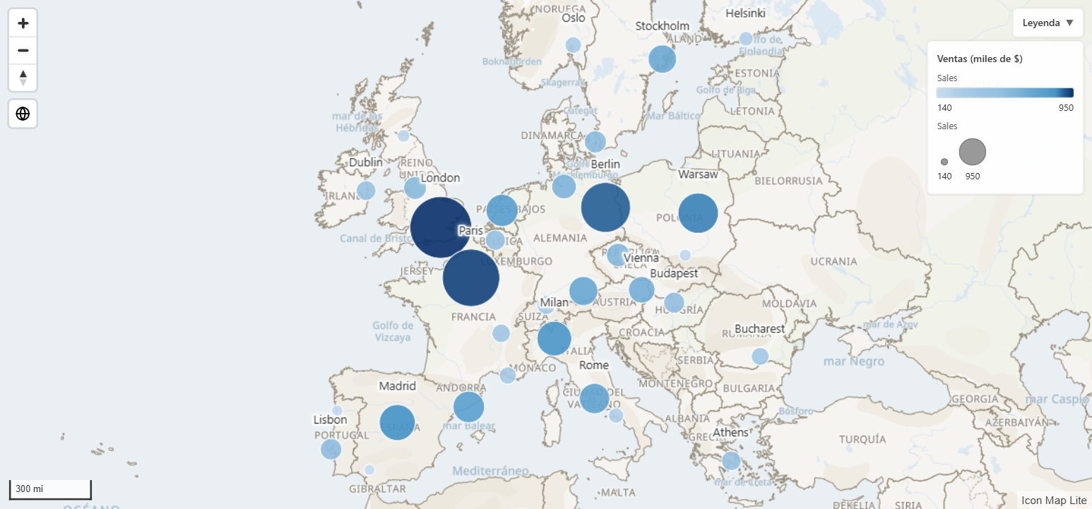 Un mapa de Icon Map Lite de Europa con círculos con el tamaño y el color según las ventas, etiquetas de ciudades y una leyenda, sobre el mapamundi integrado