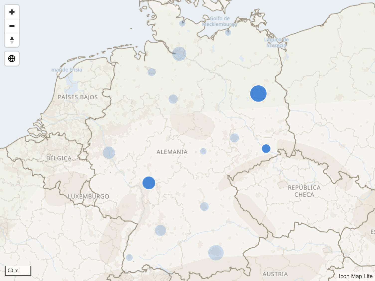 Un mapa de círculos en el que tres círculos seleccionados son opacos y el resto aparece atenuado