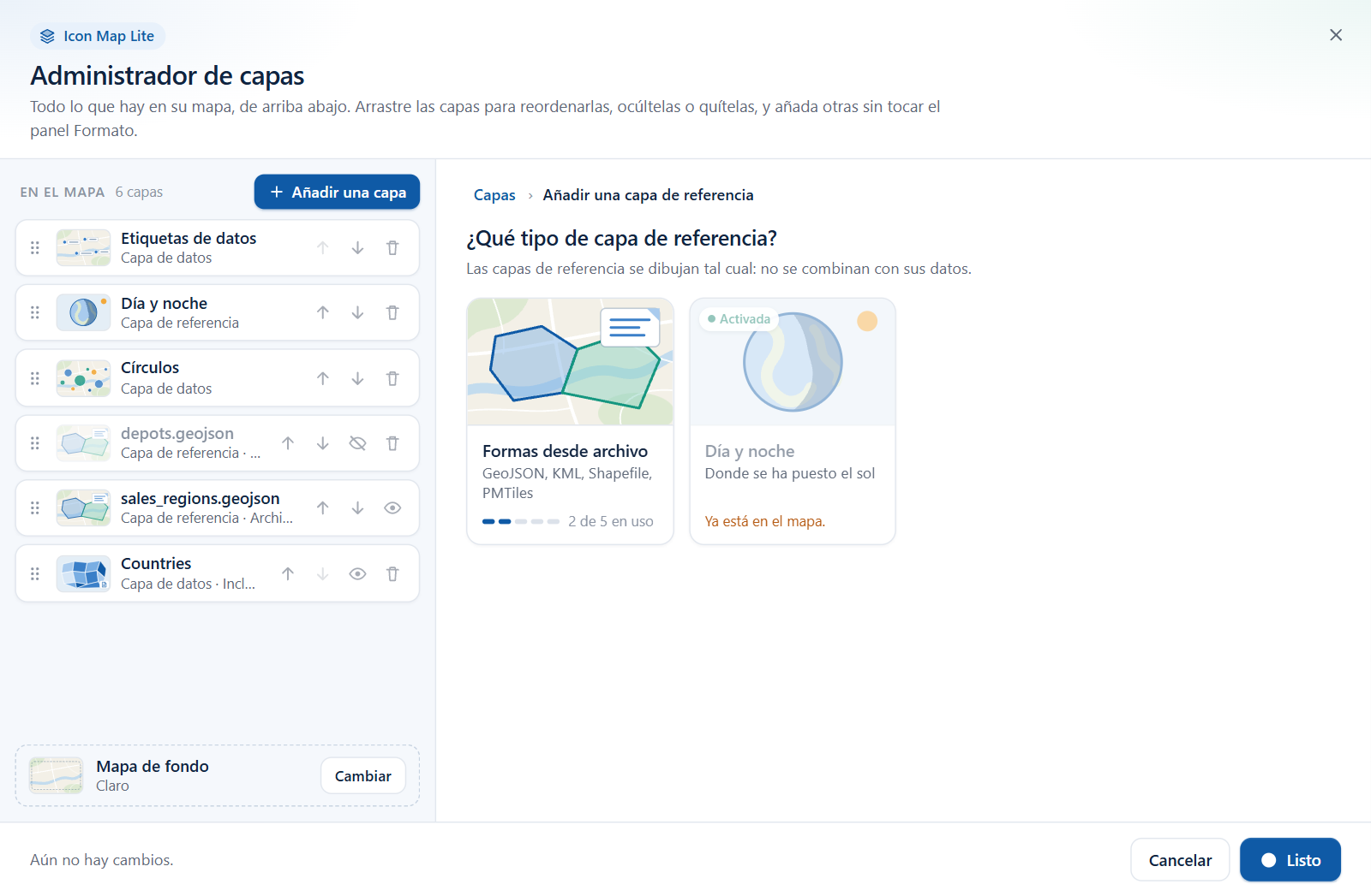 El selector de capas de referencia, con los mosaicos Formas desde archivo y Día y noche
