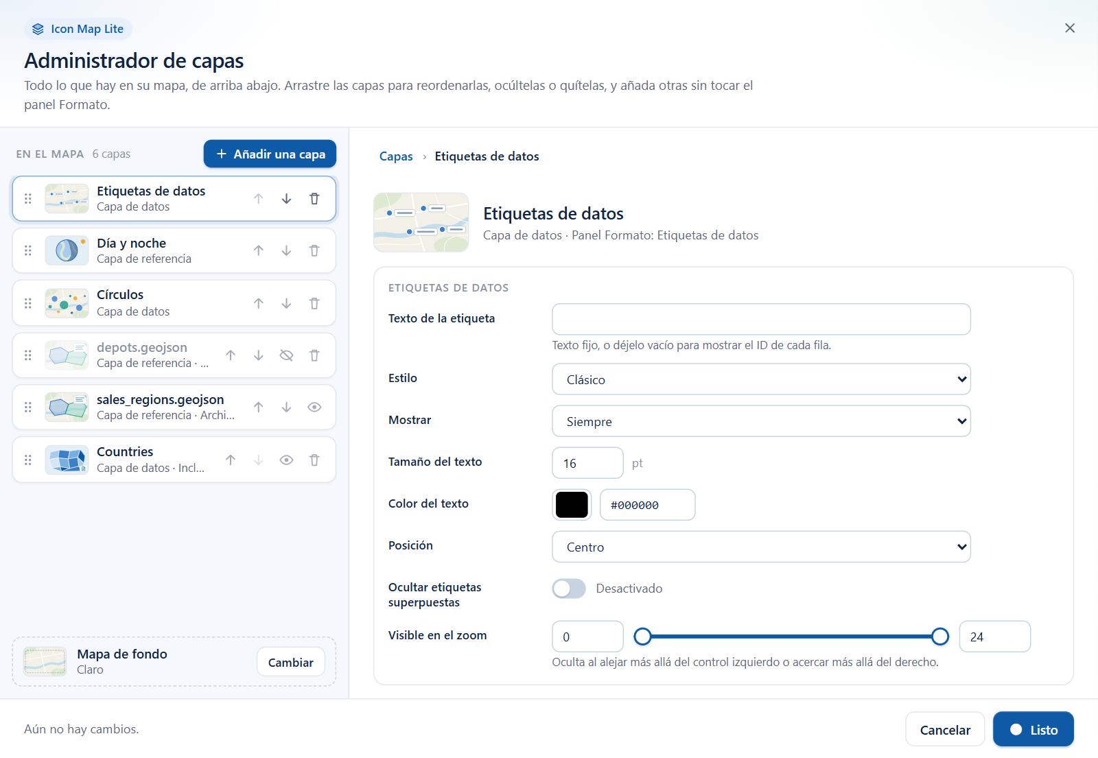 El editor de las etiquetas de datos, con campos de texto de la etiqueta, estilo, cuándo mostrar, tamaño, color, posición y zoom