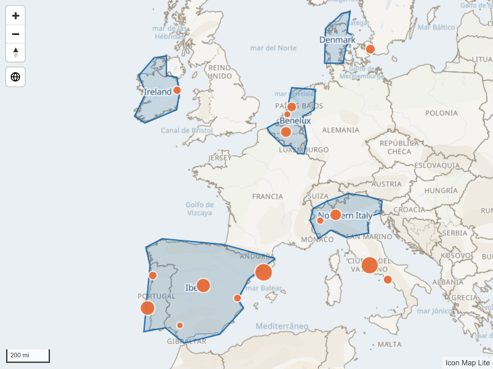Territorios de ventas de un archivo GeoJSON cargado, dibujados como polígonos con contorno y etiquetas, bajo círculos de los datos del informe