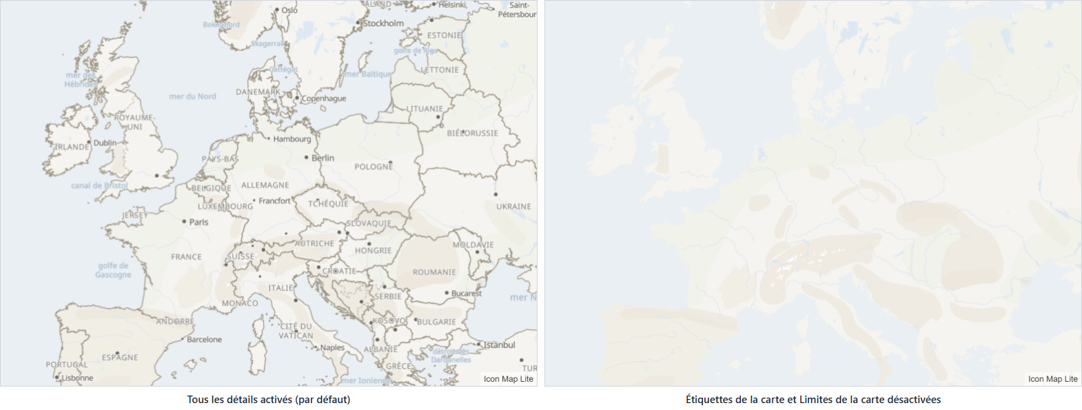 Le thème Clair sur l'Europe avec les noms et les frontières des pays activés, et la même vue avec uniquement les terres et la mer