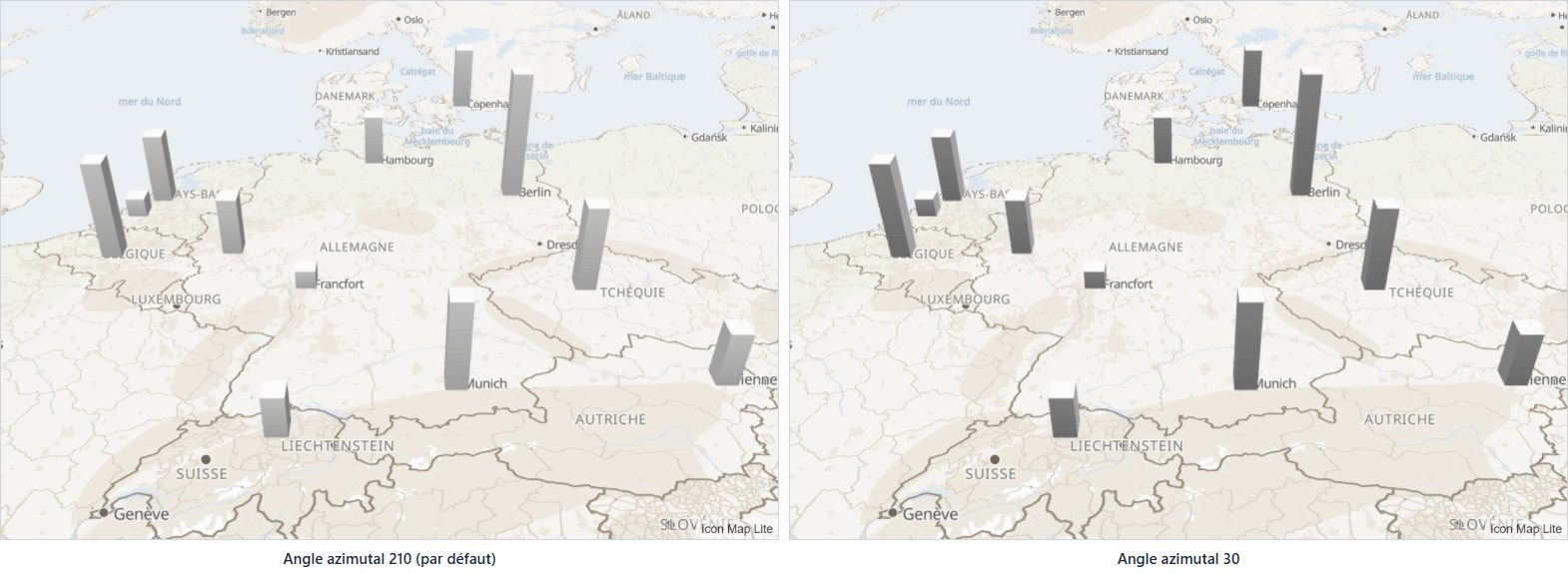 Les mêmes colonnes 3D éclairées depuis la direction par défaut et depuis le côté opposé