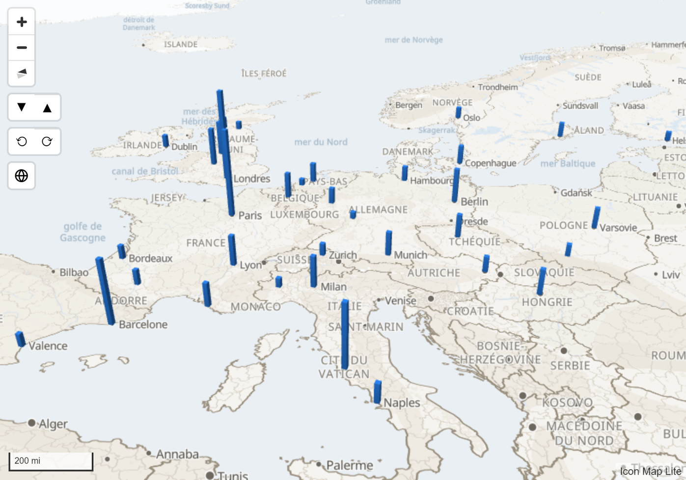 Une vue inclinée et pivotée de colonnes 3D sur la carte du monde intégrée
