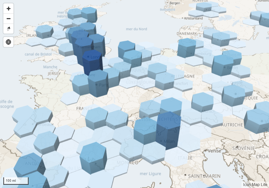 Des cellules hexagonales élevées à différentes hauteurs sur une carte inclinée