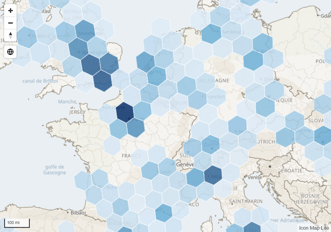 Des cellules hexagonales sur l'Europe, ombrées du bleu pâle au bleu foncé