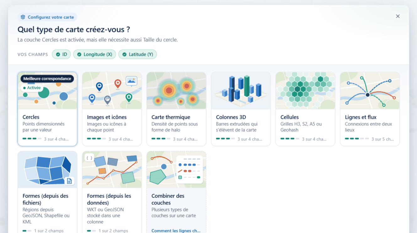 Le panneau Quel type de carte créez-vous ?, avec une vignette par type de couche et les champs dont chacune a besoin