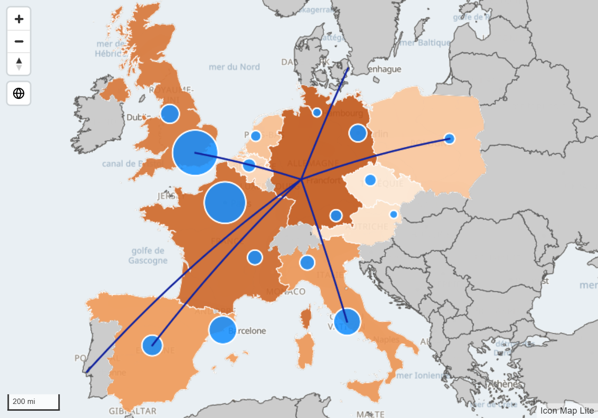 Une carte de l'Europe avec des pays colorés par une mesure, des cercles sur des villes et des lignes entre elles, le tout dessiné à partir d'une seule table Power BI