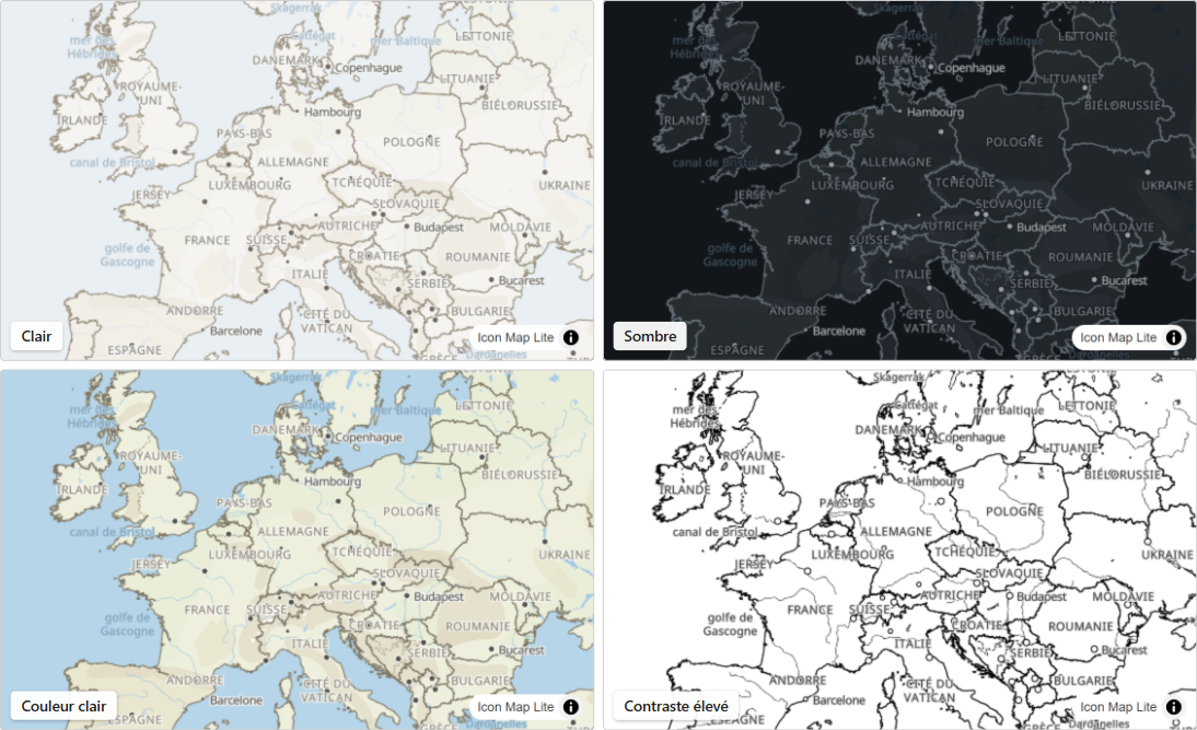 La même partie de l'Europe sur quatre des thèmes intégrés : Clair, Sombre, Couleur clair et Contraste élevé
