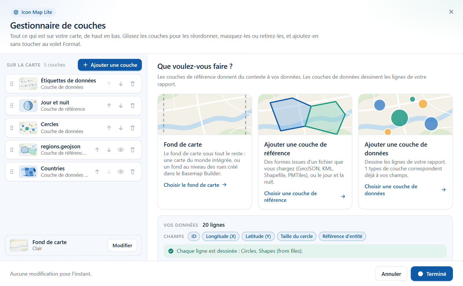 Le Gestionnaire de couches d'Icon Map Lite, avec la liste des couches à gauche et la vue d'accueil à droite