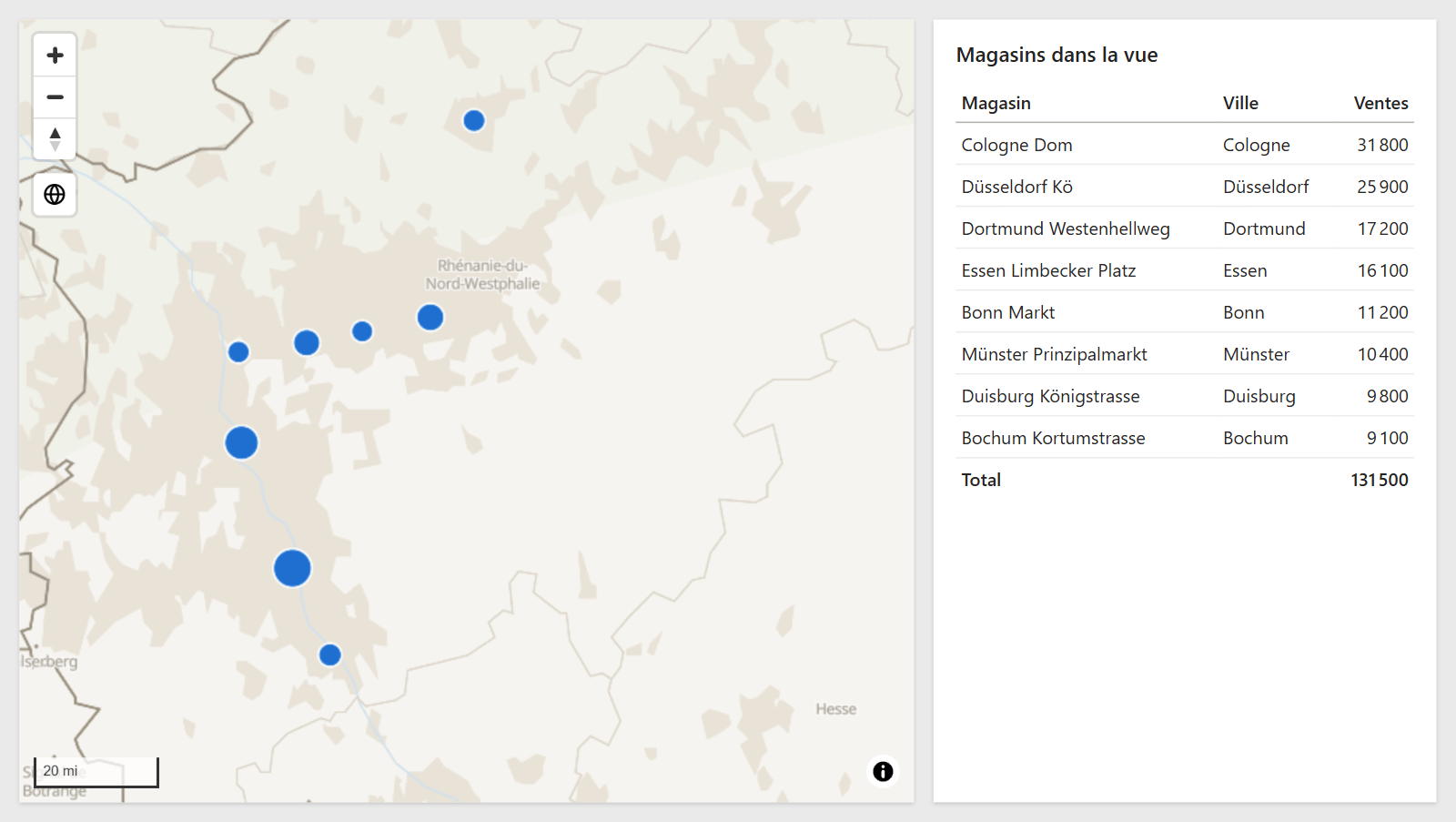 Une page de rapport avec la carte zoomée sur une région et, à côté, une table qui ne liste que les magasins situés dans la vue de la carte