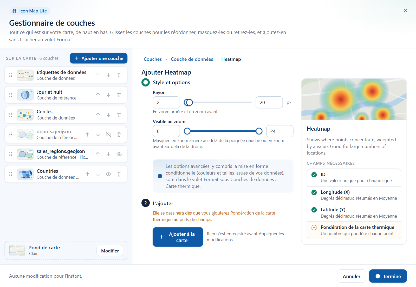 L'assistant Carte thermique avec l'étape Style et options, l'étape L'ajouter et le panneau Champs nécessaires