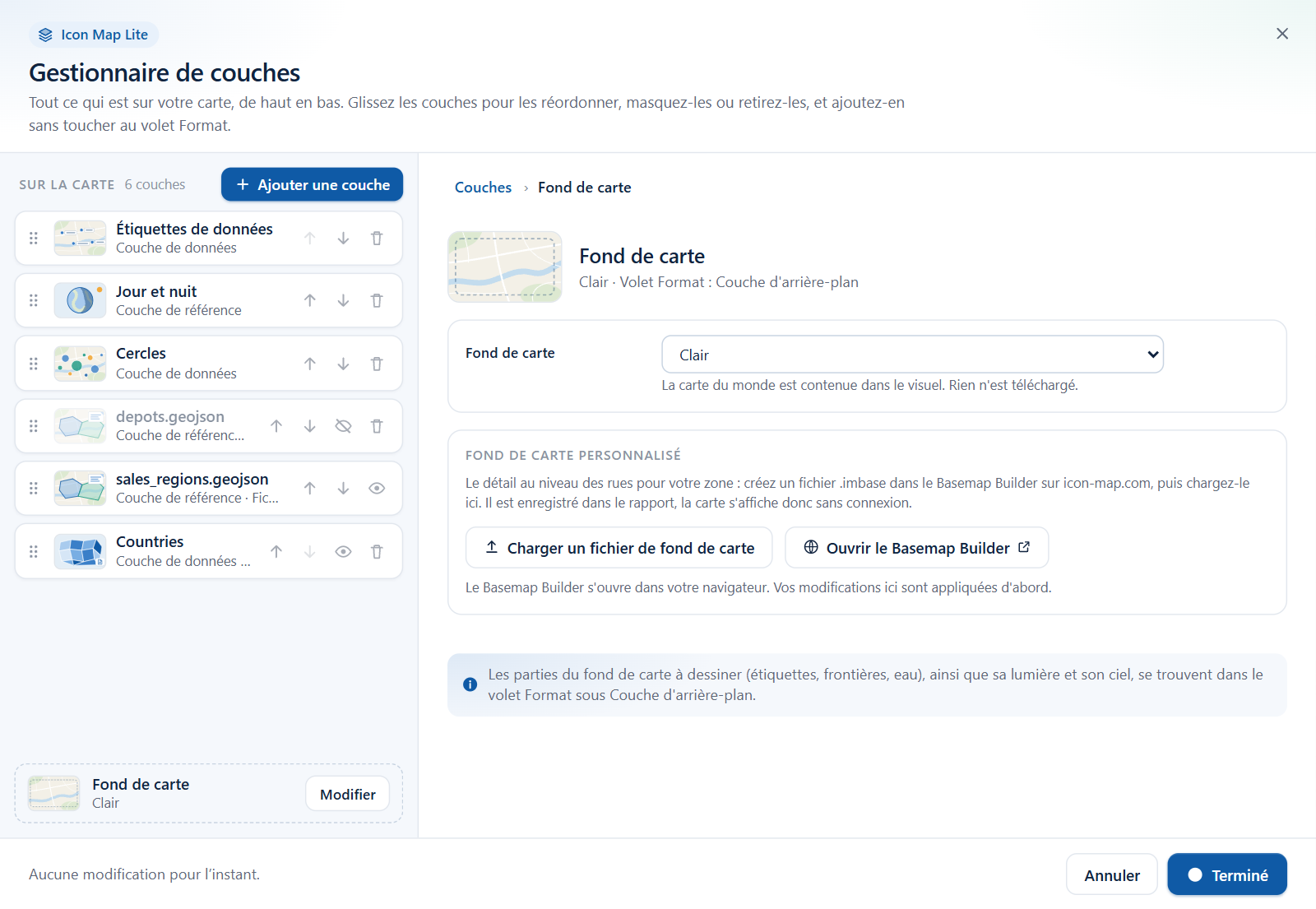 La page Fond de carte du Gestionnaire de couches, avec la liste déroulante des thèmes, la section Fond de carte personnalisé et ses deux boutons