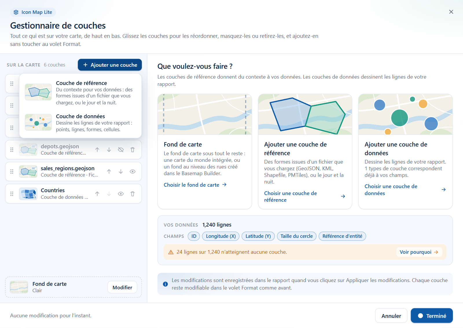 Le menu Ajouter une couche ouvert, montrant Couche de référence et Couche de données