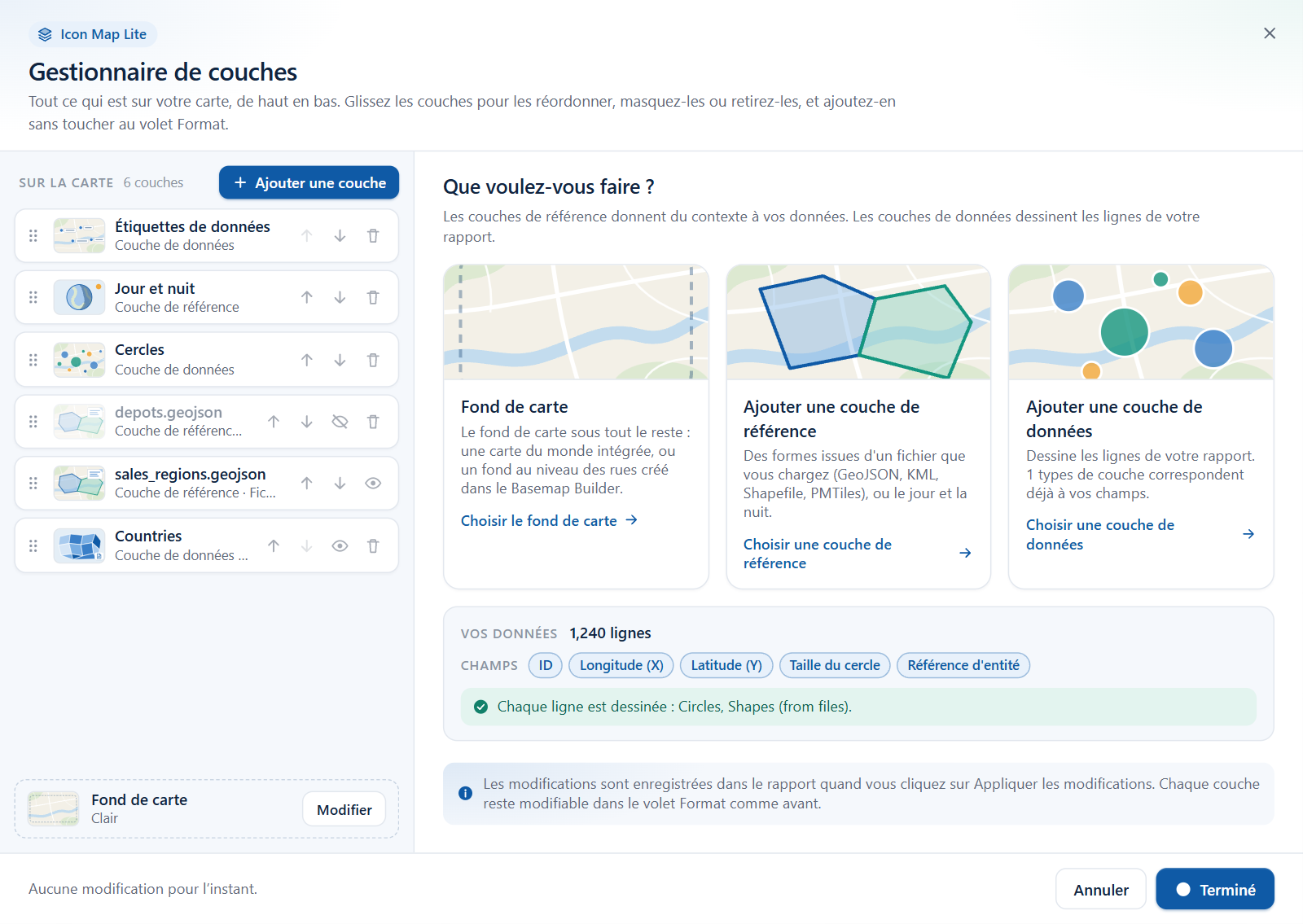 Le panneau Vos données dans la vue d'accueil du Gestionnaire de couches, montrant le nombre de lignes, les champs du visuel et la ligne d'état