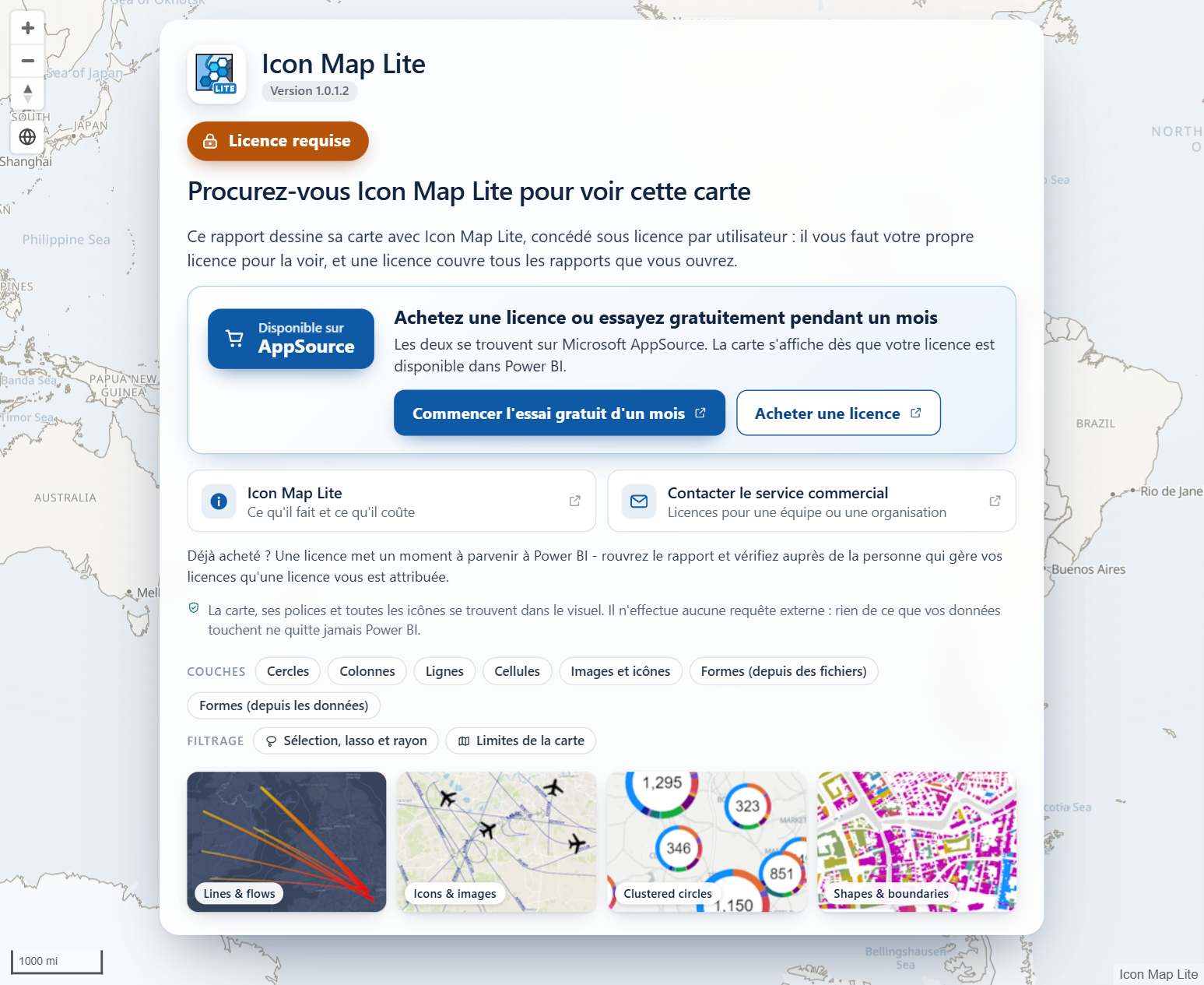La page de licence d'Icon Map Lite avec le badge Licence requise, le titre Procurez-vous Icon Map Lite pour voir cette carte, le bouton AppSource et les boutons d'essai et d'achat