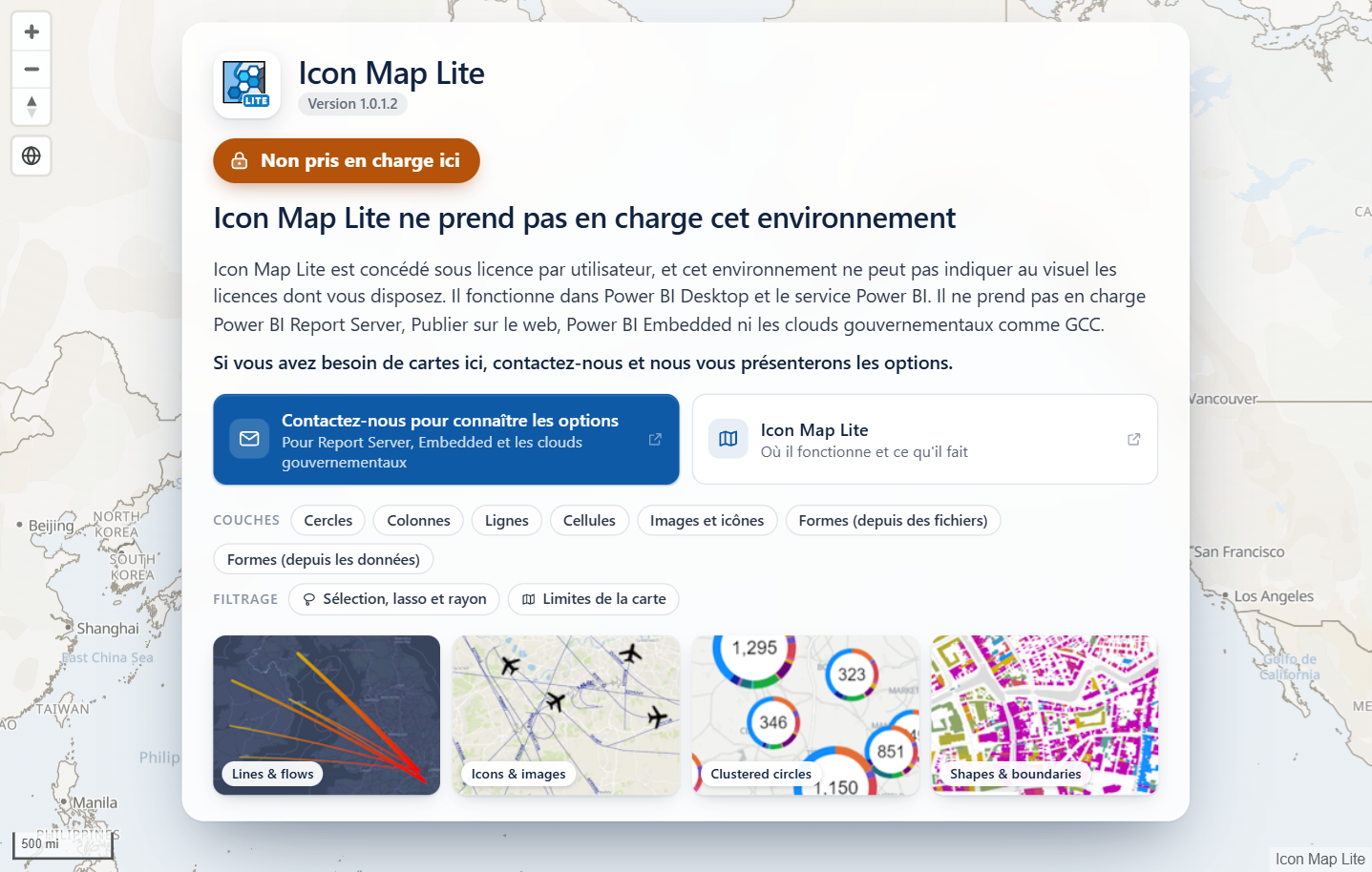 La page d'Icon Map Lite pour les environnements non pris en charge, avec le badge Non pris en charge ici et le bouton Contactez-nous pour connaître les options